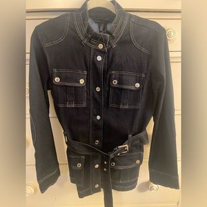 White House Black Market Women's Belted Jacket Dark wash Denim Pockets Size 4.
